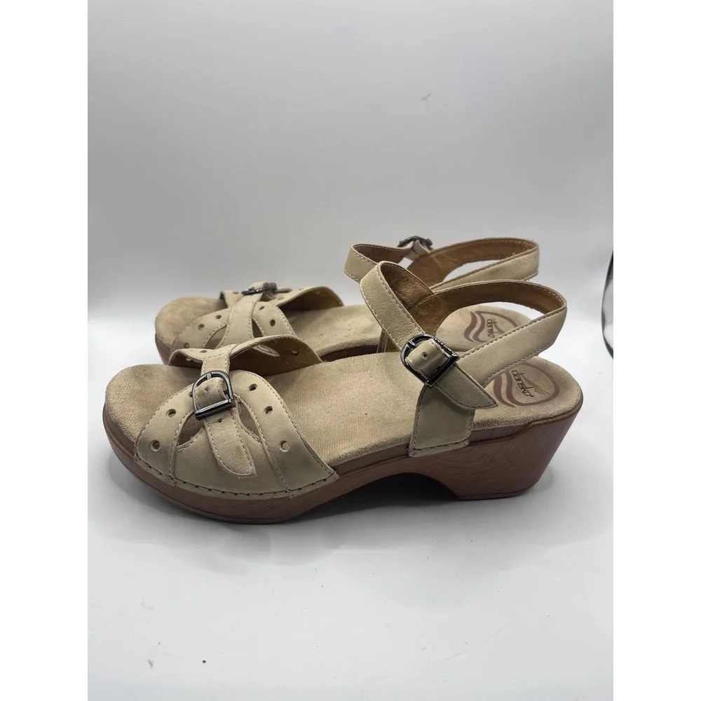 Y2K Dansko Womens Beige Leather Slingback Wedge Sandals Wood Grain Platform